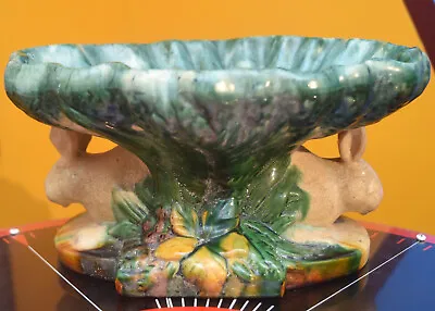 Buy Ceramic Majolica Compote Bowl Rabbits Bunnies Cabbage Intentional Crazing Easter • 89.99£