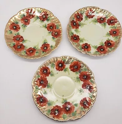 Buy Set Of 3 Antique Hand Painted Orange Floral Saucers Heavy Gold Accents • 19.27£