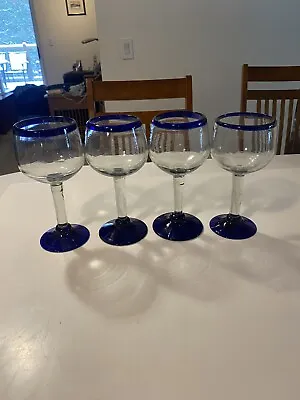 Buy Mexican Hand Blown Glassware Cobalt Blue Rim Water Wine Glass Goblets (4) Pontil • 48.18£