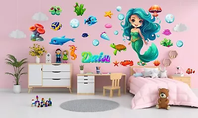 Buy 3D Mermaid Personalised Wall Stickers Set Nursery Kids Girl Room Wall Decals MS7 • 17.50£