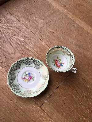 Buy Vintage Foley China Cup And Saucer Mint Green And Gilt Floral Centre • 12.50£