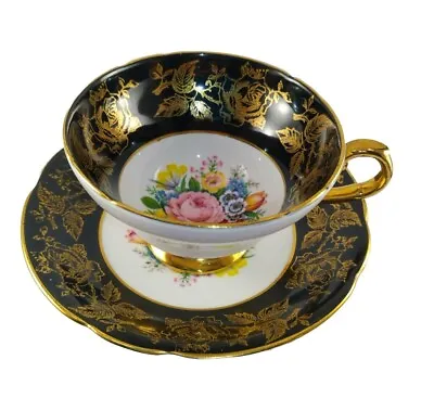 Buy Staffordshire Fine Bone China Black, Gold, Floral Vintage Cup And Saucer Set • 14.99£