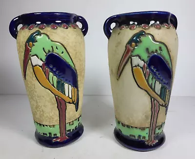 Buy Small Pair Vintage Amphora Art Nouveau Ceramic Vases Enamel Stork / Heron Design • 94.50£