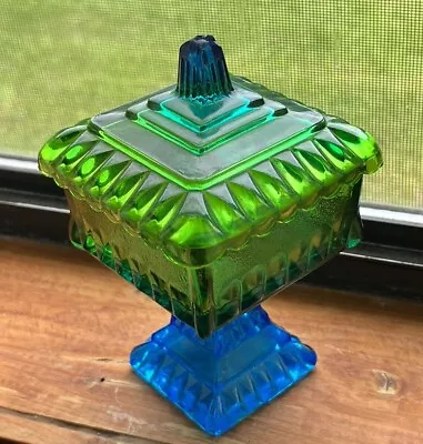 Buy 1940's Art Deco Jeannette Glass Wedding Blue/Green Pedestal Covered Candy Dish • 37.80£