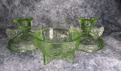 Buy Vintage Green Glass Sowerby Butterfly Candle Holder Trinket Vanity Set Art Deco • 12.99£
