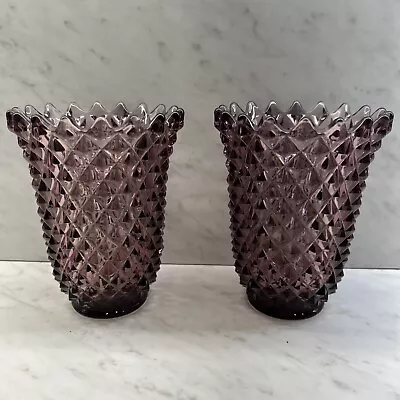 Buy 2 Vintage Imperial Glass Amethyst Diamond Point Vases W/ Sawtooth Rim Purple  • 33.57£