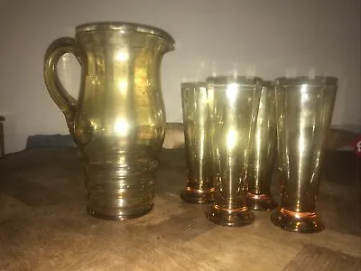 Buy Vintage Retro Amber Glass Jug 4 Highball Glasses Tumblers Lemonade Pimms Drinks • 18.50£
