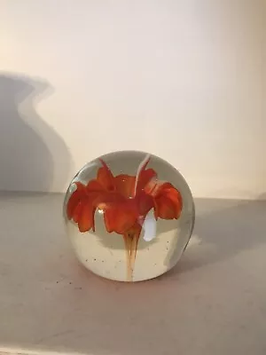 Buy Vintage Glass Small Orange /Red Orchid Flower Bloom Paperweight • 6£