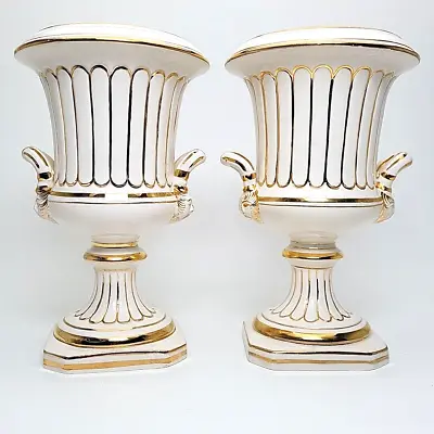 Buy 2 Vintage Hull Art Italian Pottery Classical Roman Urn Jar Vase W/ Gold Trim 9  • 124.15£