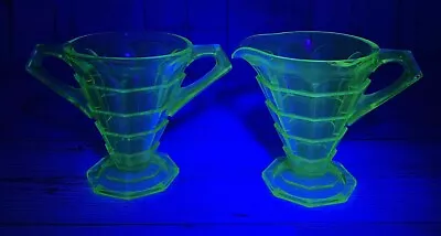 Buy Indiana Glass TEA ROOM GREEN Open Sugar And Creamer Art Deco UV Glow • 47.24£