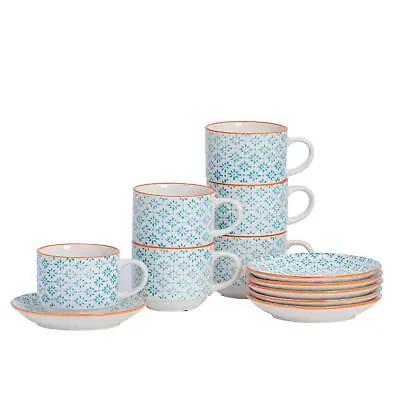 Buy 12 Piece Hand-Printed Stacking Teacups & Saucers Set Tea Coffee Cups 260ml Blue • 16£