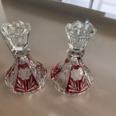 Buy Ruby Red Flash Cut Glass Candle Holders AnneHutte   Germany Vintage Set Of 2 • 18.93£