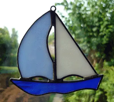 Buy Stained Glass Sailboat - Handmade - Royal/Med Blue/White - NEW-  10cms (4ins) • 5.95£