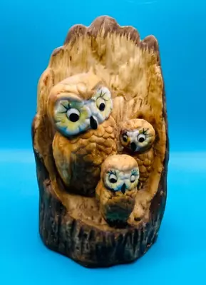 Buy Vintage Cute Retro Novelty Hand Painted Ceramic Owl With 2 Babies In Tree Trunk • 0.99£