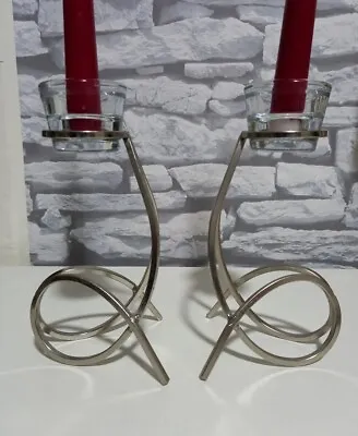 Buy MODERN - SET Of 2 SILVER Tone Metal & Glass Candle Holders Size: 20cm / 8  Tall • 19.99£