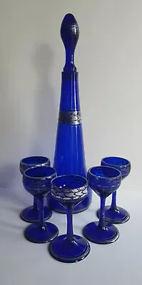 Buy Antique Cobalt Blue Glass Decanter & 5 Glasses Silver Overlay Art Nouveau • 15£