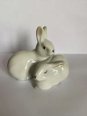 Buy Vintage Porcelain 2 Bunny Figurine,one Is Sleeping,GC.4.5” Lx3.6” Tall • 10£