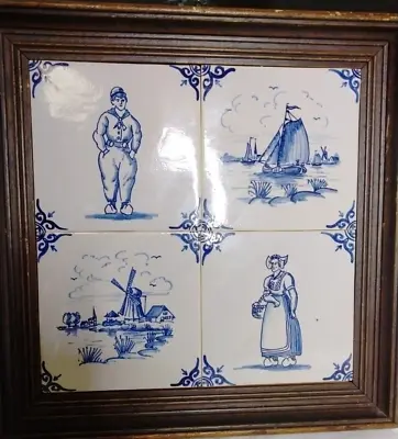 Buy Old Dutch Tiles 4 Tiles Of Windmill Ship Woman Man With Wood Frame Blue White • 120.05£