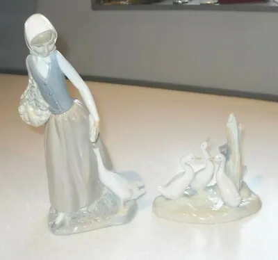 Buy VINTAGE 1970s NAO BY LLADRO 2 FIGURINES LADY FEEDING A GOOSE & 3 GEESE GROUP • 49.99£