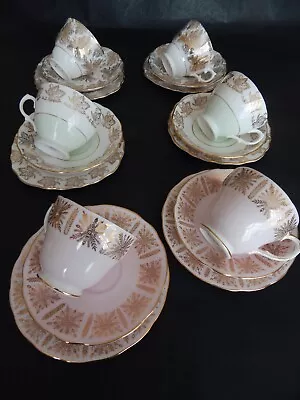 Buy Vintage Mismatched Tea Set Pink Green & Gold 6 Trios Colclough Royal Vale • 35£