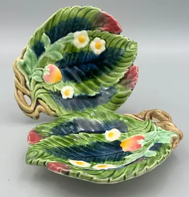 Buy Vintage Majolica Strawberry And Flowers Leaf Shape Dishes Made In Czechoslovakia • 19.99£