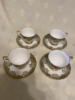 Buy 4x Vintage Royal Stafford Cups & Saucers Fine China Pastel Green/Gold/White Rare • 29.99£