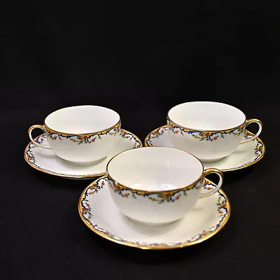 Buy Limoges Vignaud 3 Cups & Saucers The Meuse Red Yellow Blue Gold 1911-1920 Flakes • 62.60£