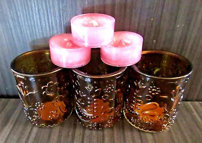 Buy Set Of 3 Pretty Amber Glass Candle Holders With Yankee Tea Lights. • 9.99£