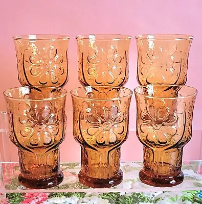 Buy Vintage 1970s Libbey Country Garden Juice Amber Glass Set Of 6 Daisy Flower • 26.76£