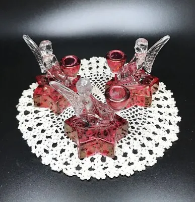 Buy Vtg 1940’s Set Of (3) Flashed Cranberry Glass Angel On Star Base Candle Holders • 13.28£