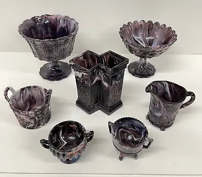 Buy Antique  Amethyst Marbled Malachite Slag Twin Job Lot Collection 7 Vase Dishes • 140£
