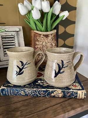 Buy Pair Of Studio Pottery Mugs With Blue Leaf Motif  290ml • 10£