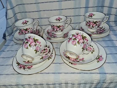 Buy Vintage Queen Anne Pink Roses Bone China Teacups Trios 15 Pce Teaset • 29.99£
