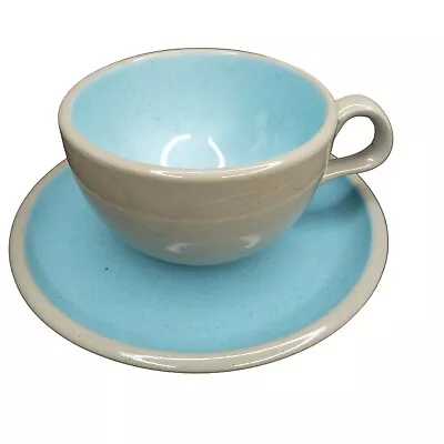 Buy Vintage MCM Harkerware  Blue Mist  Stoneware Teacup & Saucer Set Blue & Gray • 9.72£
