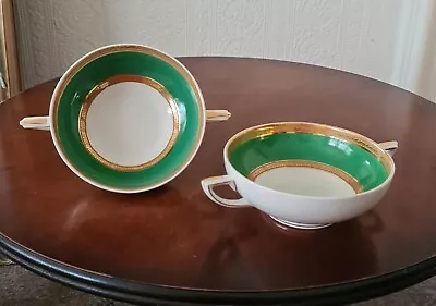 Buy Pair Of Vintage Crown Ducal 5056 Porcelain Consumme Soup Bowls Green And Gold • 23£