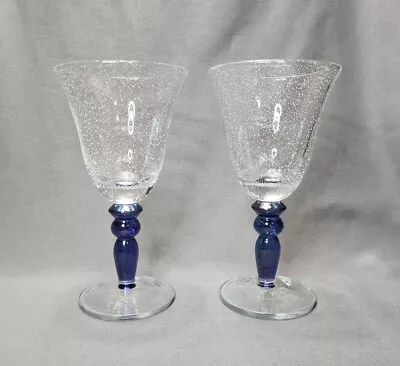 Buy Pottery Barn Bubble Effect Blue Water Goblets Hand Blown Art Glass Wine Glasses • 17.98£