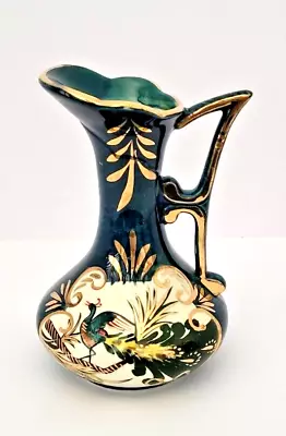 Buy H. Bequet Style Peacock Gold Trim Flower Pitcher Vase Hand Painted 7.25  Tall • 22.10£