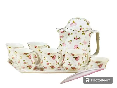 Buy 8Pcs Porcelain Pink Flower Tea Set With Cups, Teapot & Tray Coffee Kitchen Set • 39.97£