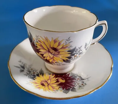 Buy Royal Stafford DAHLIA Tea Cup & Saucer Red Yellow Gray Gold Trim Vintage • 14.19£