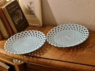 Buy Lovely Pair Antique Sowerby Blue Milk Glass Pierced Basket Weave Plates Dishes • 24.99£