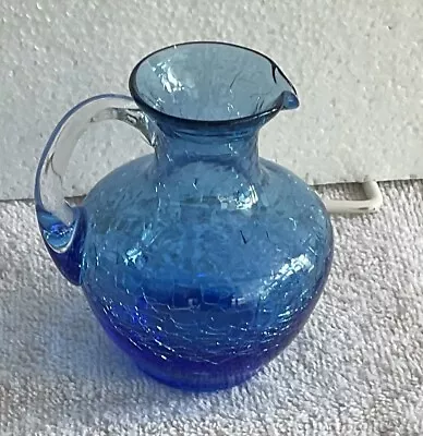 Buy Vintage CRACKLE Glass Mini Pitcher Or Vase Blue 3.25” Hand Blown • 18.97£