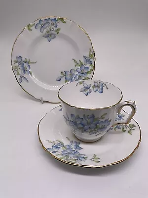 Buy Rare Crown Staffordshire Floral Tea Cup & Saucer Blue Flower Leaf Pattern F15369 • 19.99£