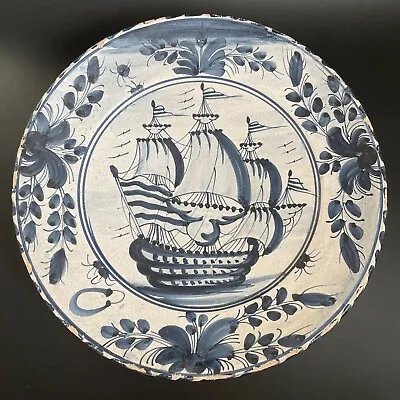 Buy Antique Mid 18th Century Tin Glazed Delft Galleon Sailing Ship 14  Large Plate • 891.89£