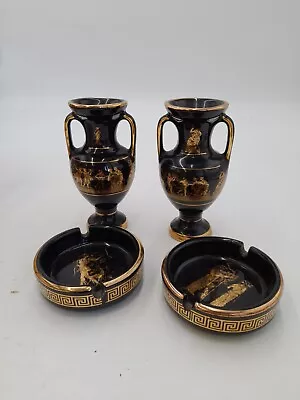 Buy Vintage Collectables Hand Made In Greece ST/SK Black 24 K Gold Vases + Ashtrays • 17.99£