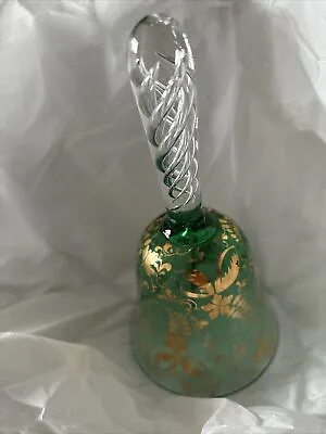 Buy Vintage Green Glass Bell With Air Twist Stem And Gold Floral Design • 6£