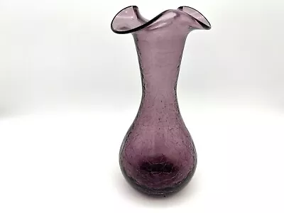 Buy Purple Amethyst Crackle Glass Vase 6.75” Vintage Ruffled Rim Edge Hand Blown • 17.29£