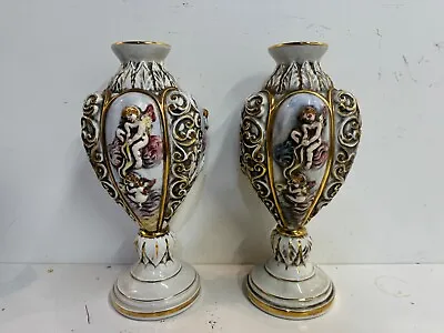 Buy Vintage Capodimonte Italian Keramos Porcelain Pair Of Vases W/ Cherub Decoration • 141.64£