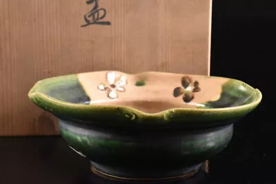 Buy F8332: Japanese Oribe-ware Green Glaze DESSERT BOWL/dish, Auto W/signed Box • 23.71£