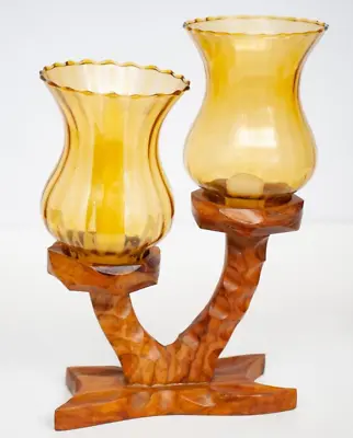 Buy Vintage Candle Holder Candelabra Amber Glass & Carved Wood 2 Arm Mid Century • 22.99£