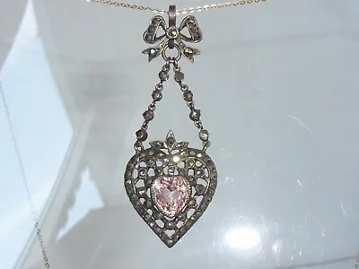 Buy French Belle Epoque Pendant Sterling Silver Pink Paste Heart Marcasite Bow Drop • 175£